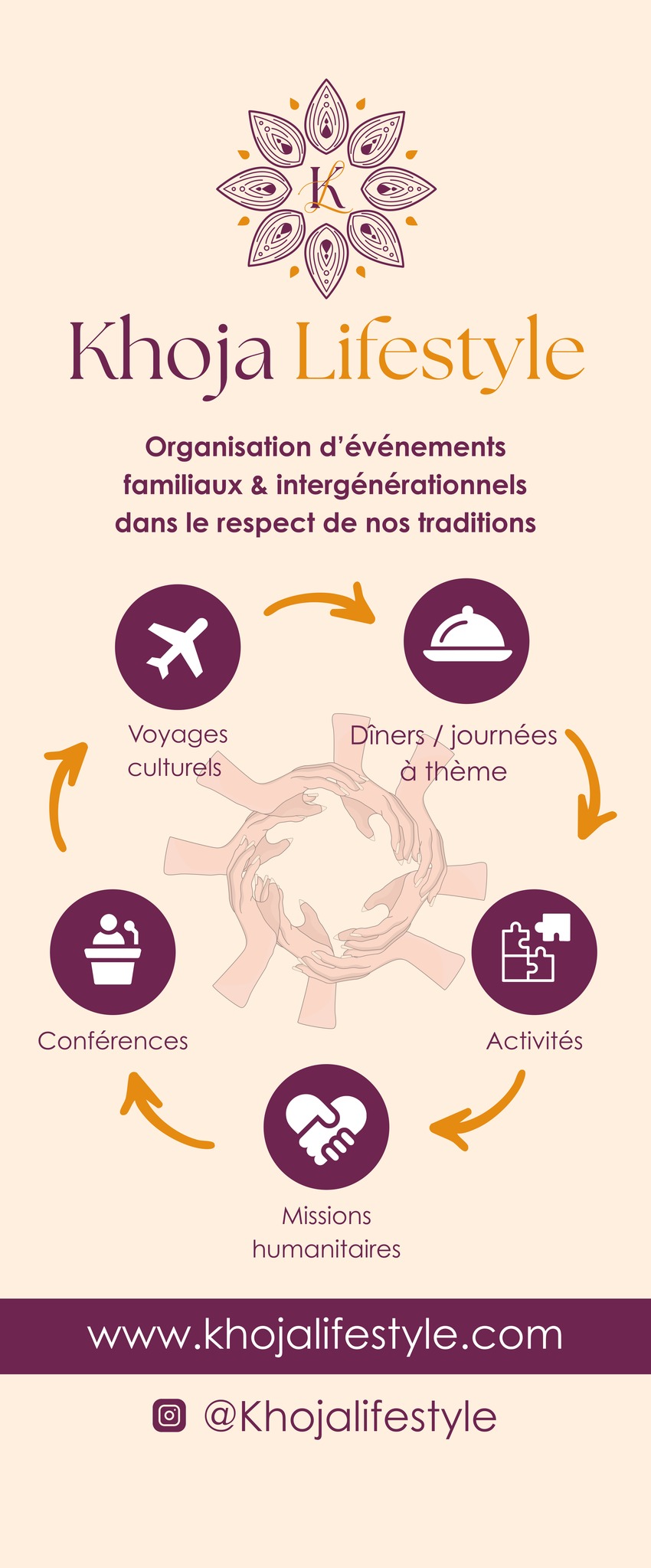 Khoja Lifestyle — Organisation d’événements familiaux et intergénérationnels dans le respect de nos traditions : voyages culturels, dîners et journées à thème, conférences, activités et missions humanitaires. www.khojalifestyle.com — Instagram : @Khojalifestyle.